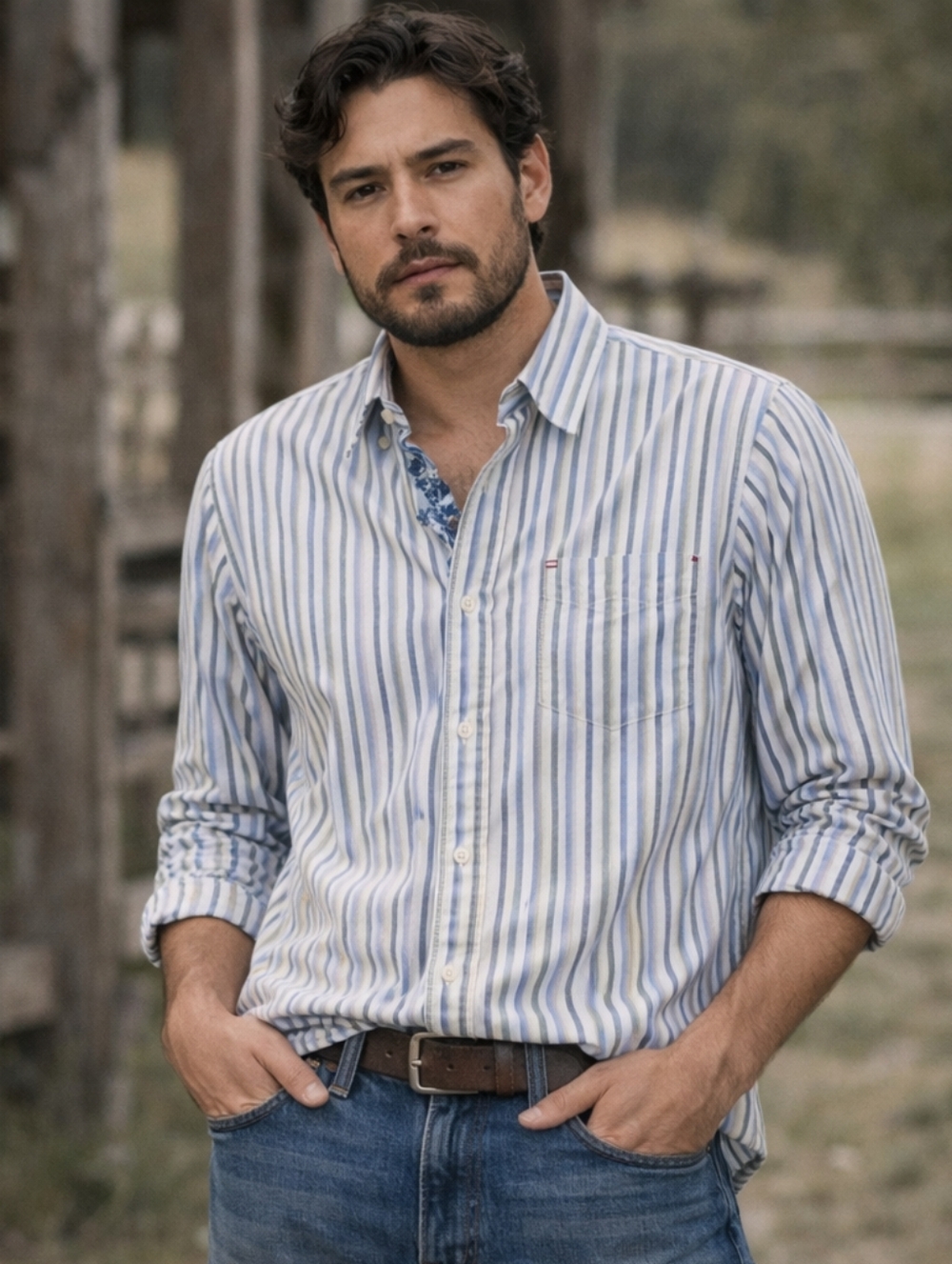 Levis Button Front Shirt M 100% Cotton Long Sleeve Grey Blue Green White Striped